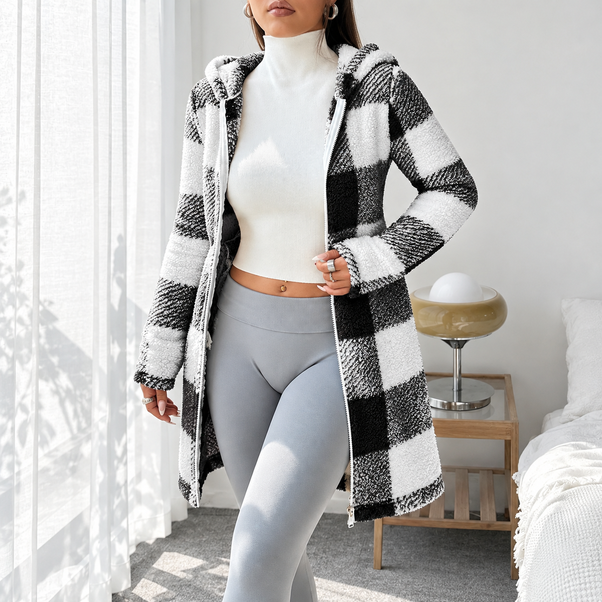Elodie Plaid Hooded Teddy Coat