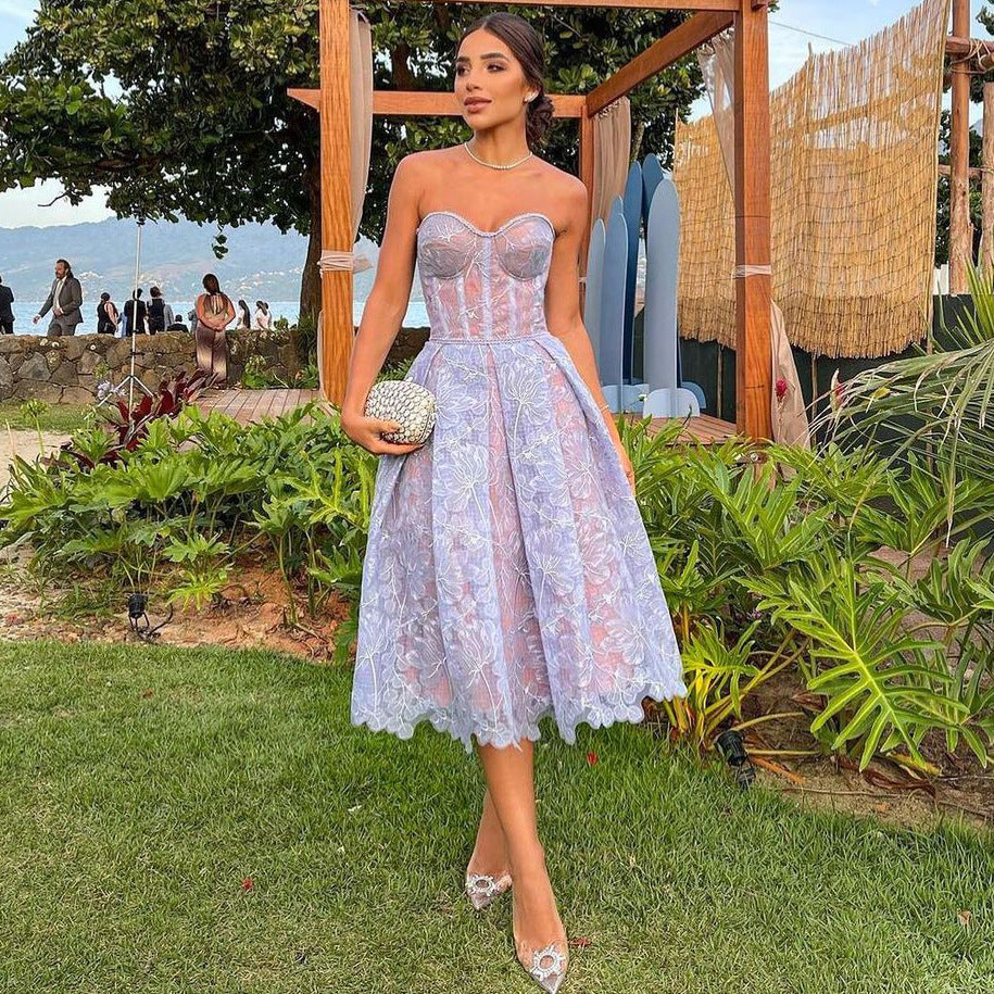 Aurora Women’s Strapless Lace Corset Midi Dress