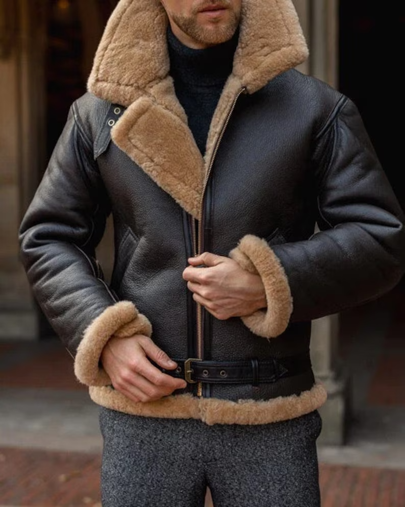 Men’s Black Shearling Bomber Jacket – Premium Leather
