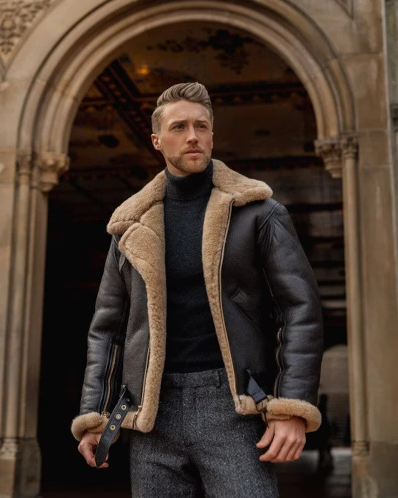 Men’s Black Shearling Bomber Jacket – Premium Leather