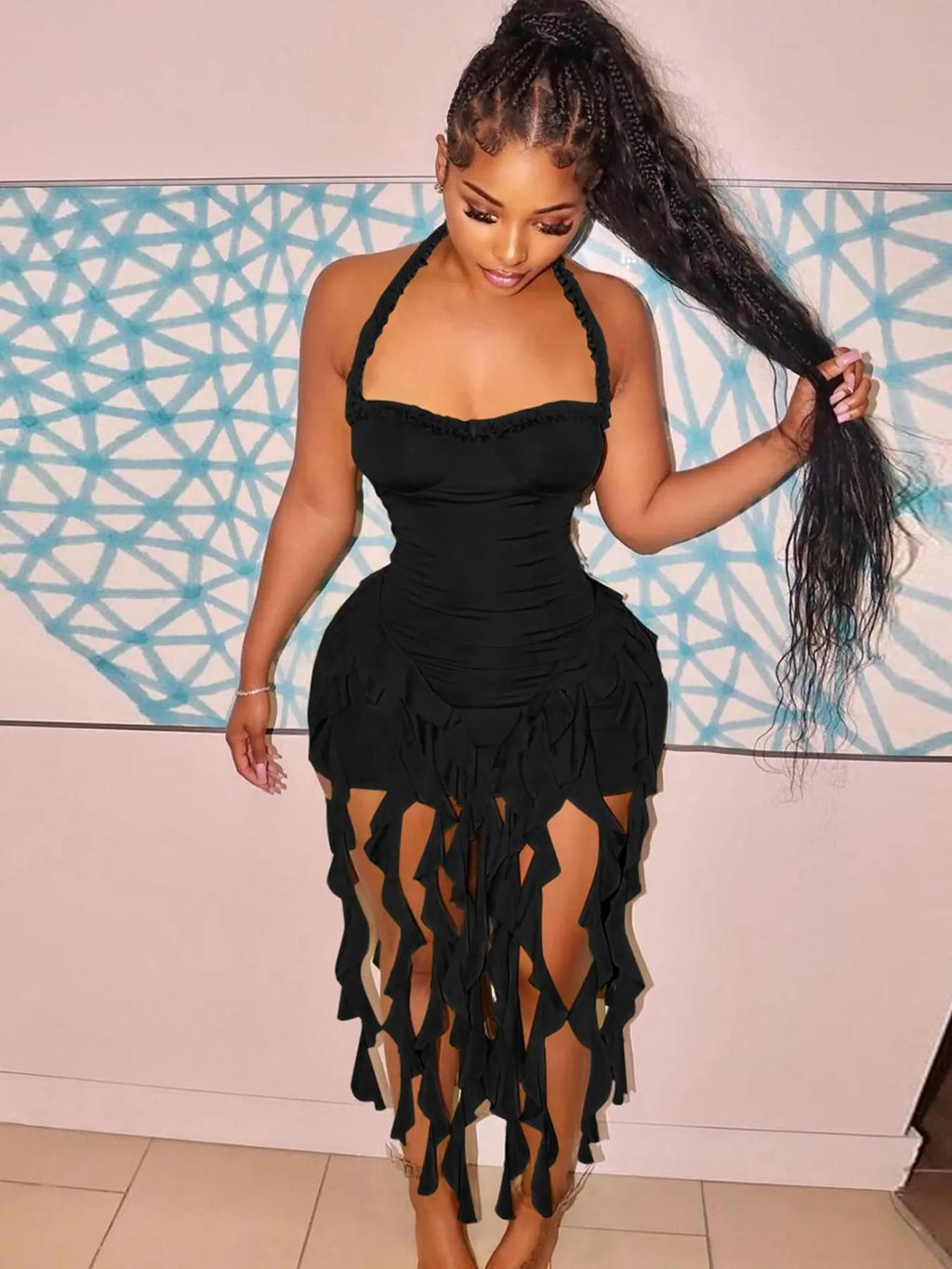 Sorelle Cascade Halter Dress